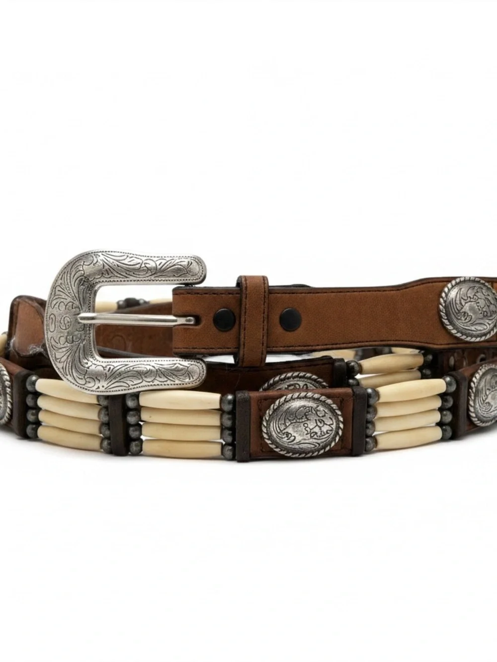 Brown Leather Belt with Ivory Bead Accents and Engraved Silver Buckle